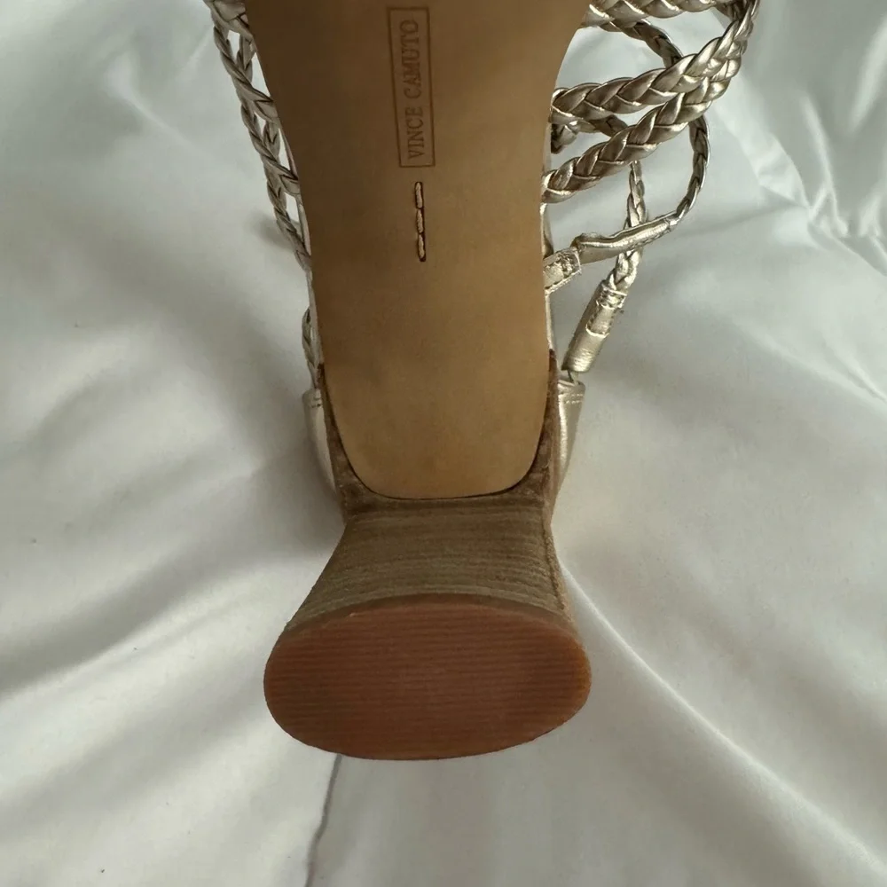 Vince Camuto Metallic Gold Braided Strappy Block Heel Sandals